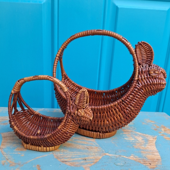 2 Vintage Wicker Basket Art Bunny Rabbit Woven Basket Animal Boho Easter Decor - Picture 6 of 16